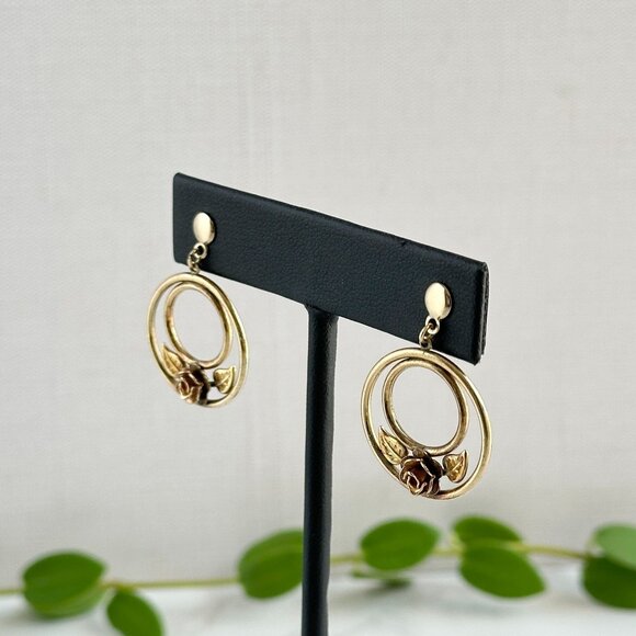 Vintage 12K GF Rose & Leaf Earrings - Picture 6 of 9
